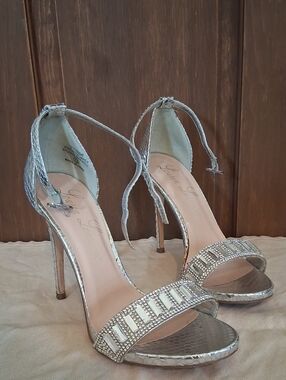 Lauren Lorraine Silver Metallic Crystal-Strap Stiletto Sandals